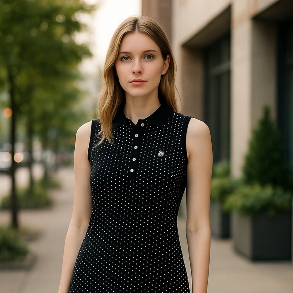 Lauren by Ralph Lauren dots sleeveless golf style polo top womens Large New
